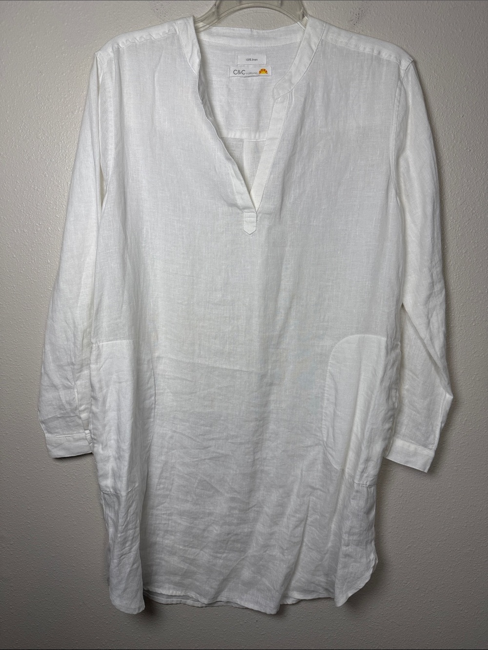 C&C California Linen Tunic Dress L White Split Neck Roll Tab Sleeve Pockets Read - Picture 4 of 14